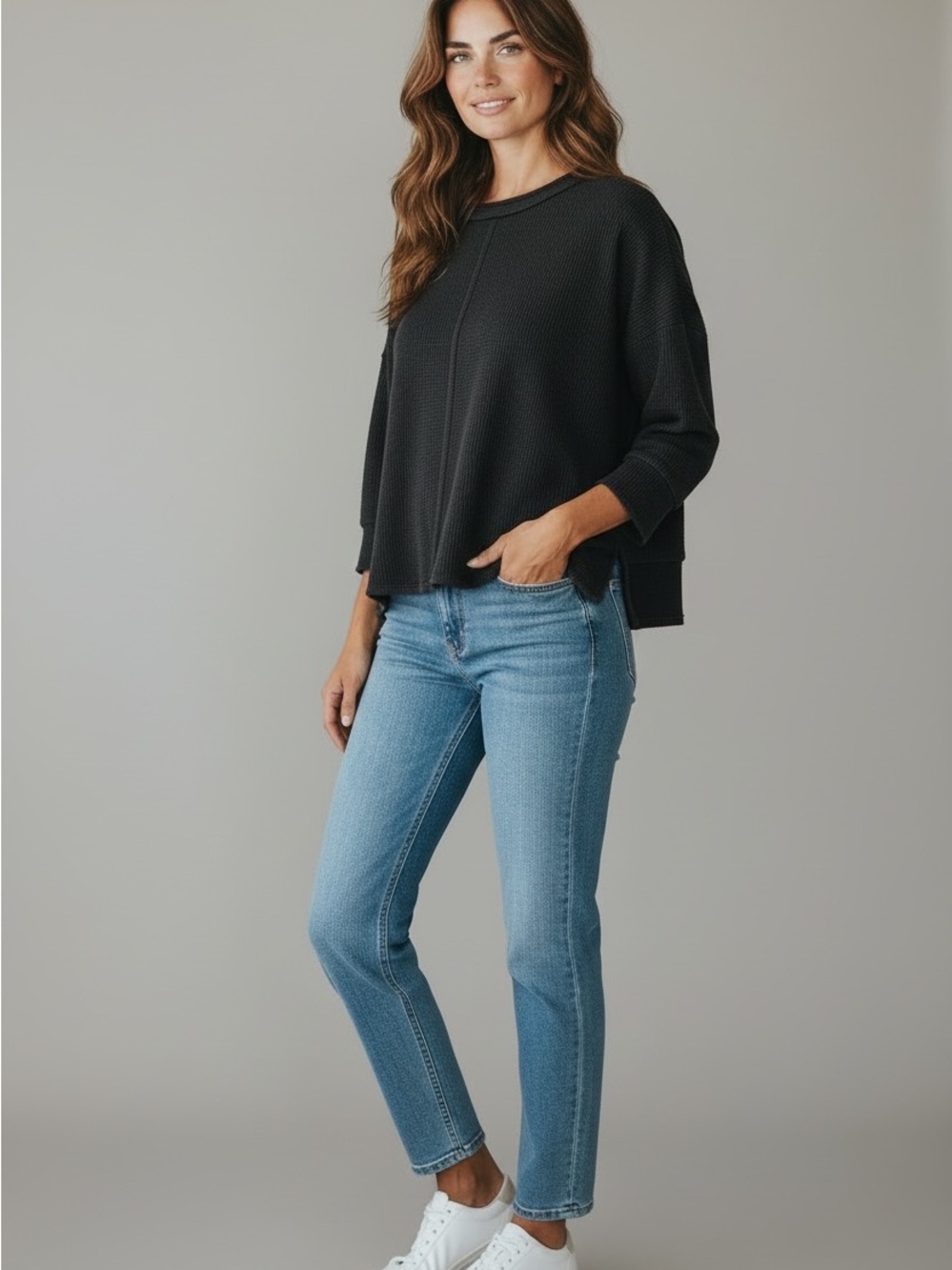 Anthropologie Black Waffle-Knit Long Sleeve Top